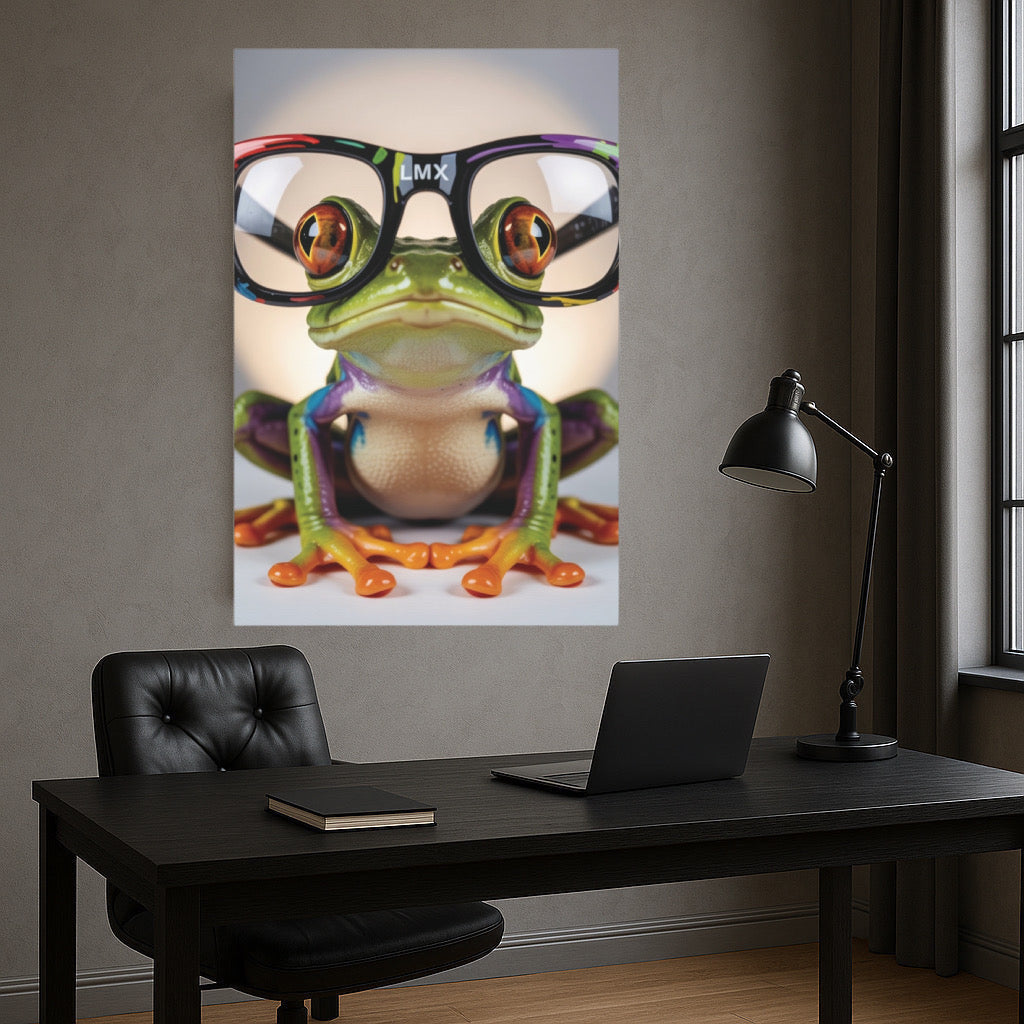 LMX Signature Frog Wall Art — 24×36 Gallery Wrapped Canvas | Colorful Red-Eyed Tree Frog with Glasses | Modern Pop Art by Lawrence Michael