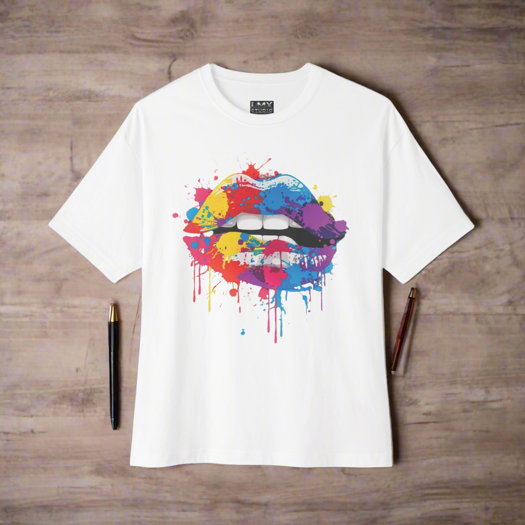 LMX Designs Colorful Splash Paint Lips Oversized Tee