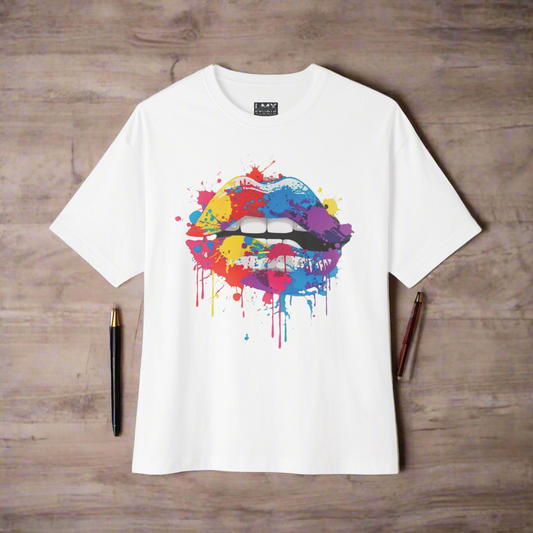 LMX Designs Colorful Splash Paint Lips Oversized Tee