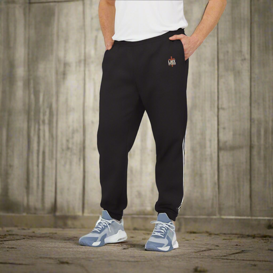 Authentic Adidas joggers customized by LMX Studio. Built Different sweatpants in Black, Navy, Dark Gray & Black. Premium streetwear, Adidas quality.