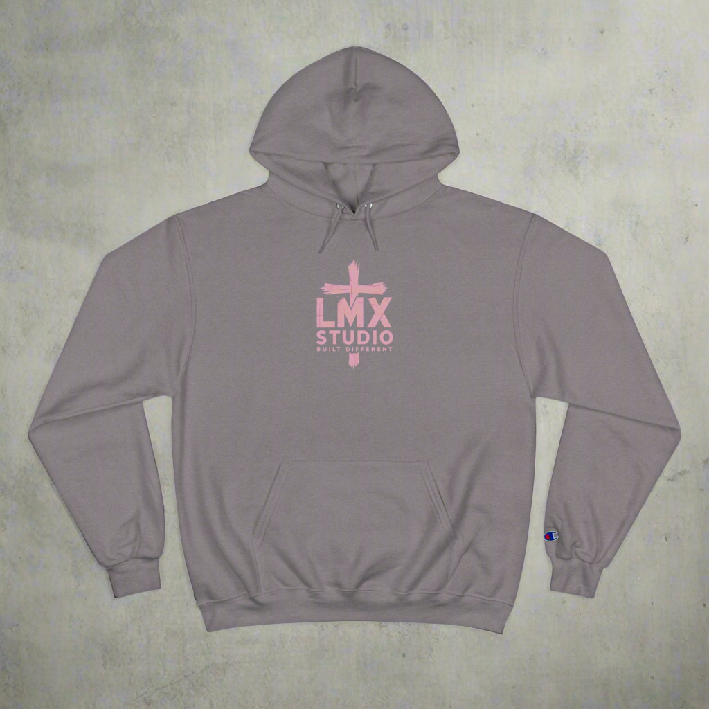 LMX Studio Women’s Champion Hoodie – Premium Streetwear with Distressed Pink Cross Logo